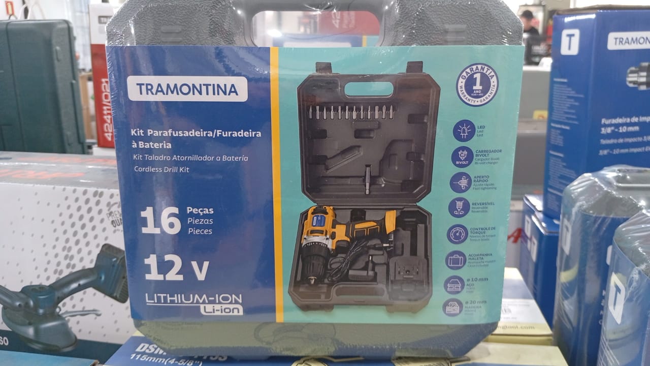 Kit Parafusadeira / Furadeira A Bateria 12v 1.3ah Tramontina Com 16 Peças E Maleta - 1 Ano De Garantia